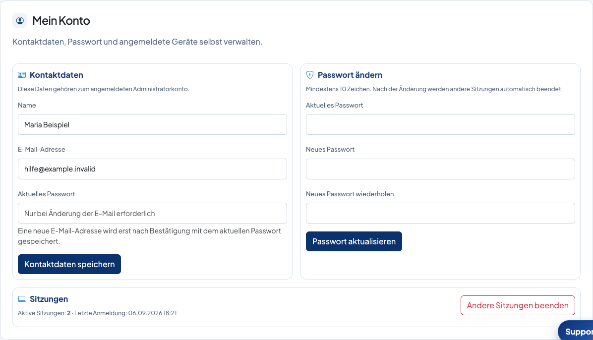 Mein Konto mit Kontaktdaten, Passwortwechsel und Sitzungen