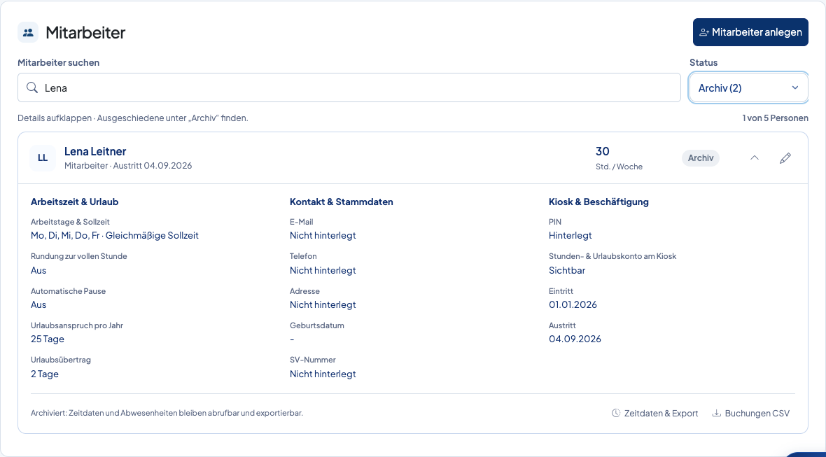 Archivierte Person mit direktem Zugriff auf Zeitdaten und CSV