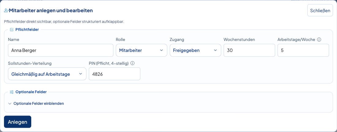Mitarbeiterformular mit Name, PIN und Arbeitszeit